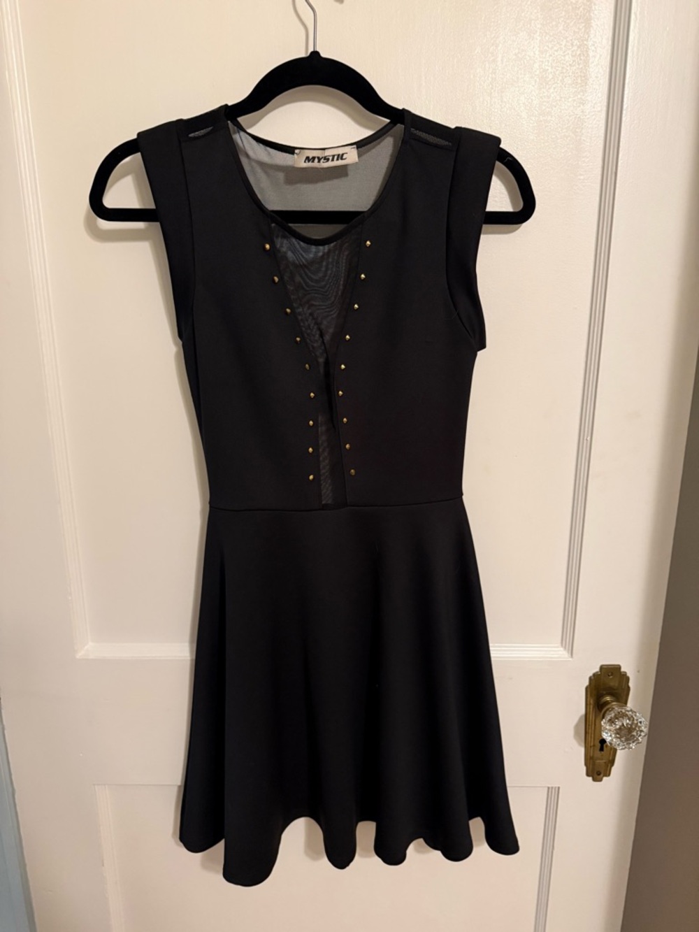 Mystic Black Sleeveless Skater Dress with Gold Studs